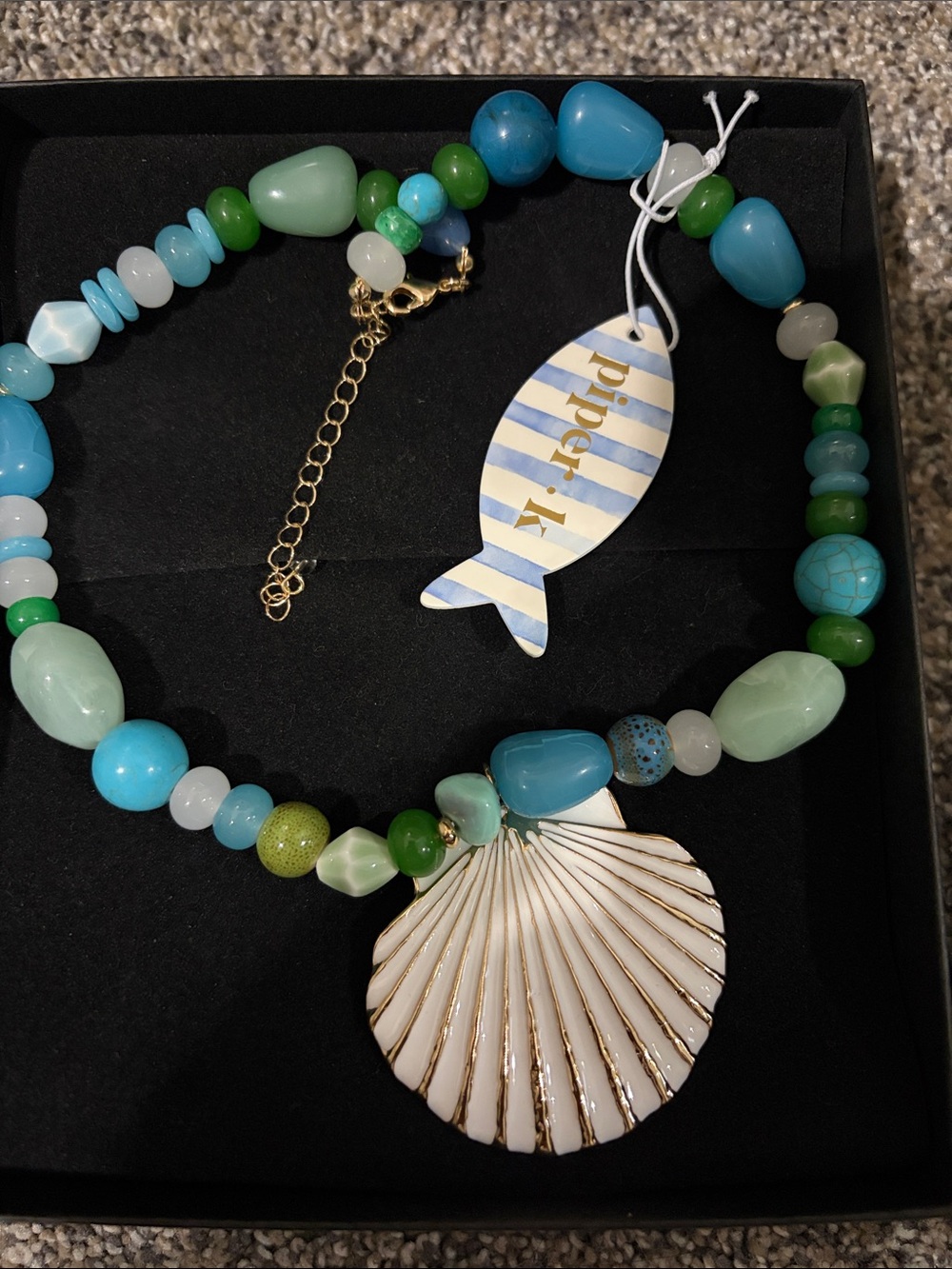 Blue Green Beaded Shell Pendant Necklace